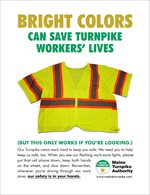 Yellow safety vest with the text bright colors can safe turnpike workers' lives
